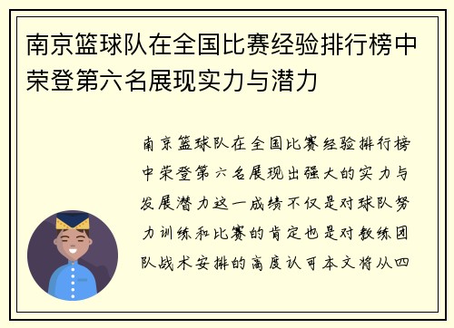 南京篮球队在全国比赛经验排行榜中荣登第六名展现实力与潜力